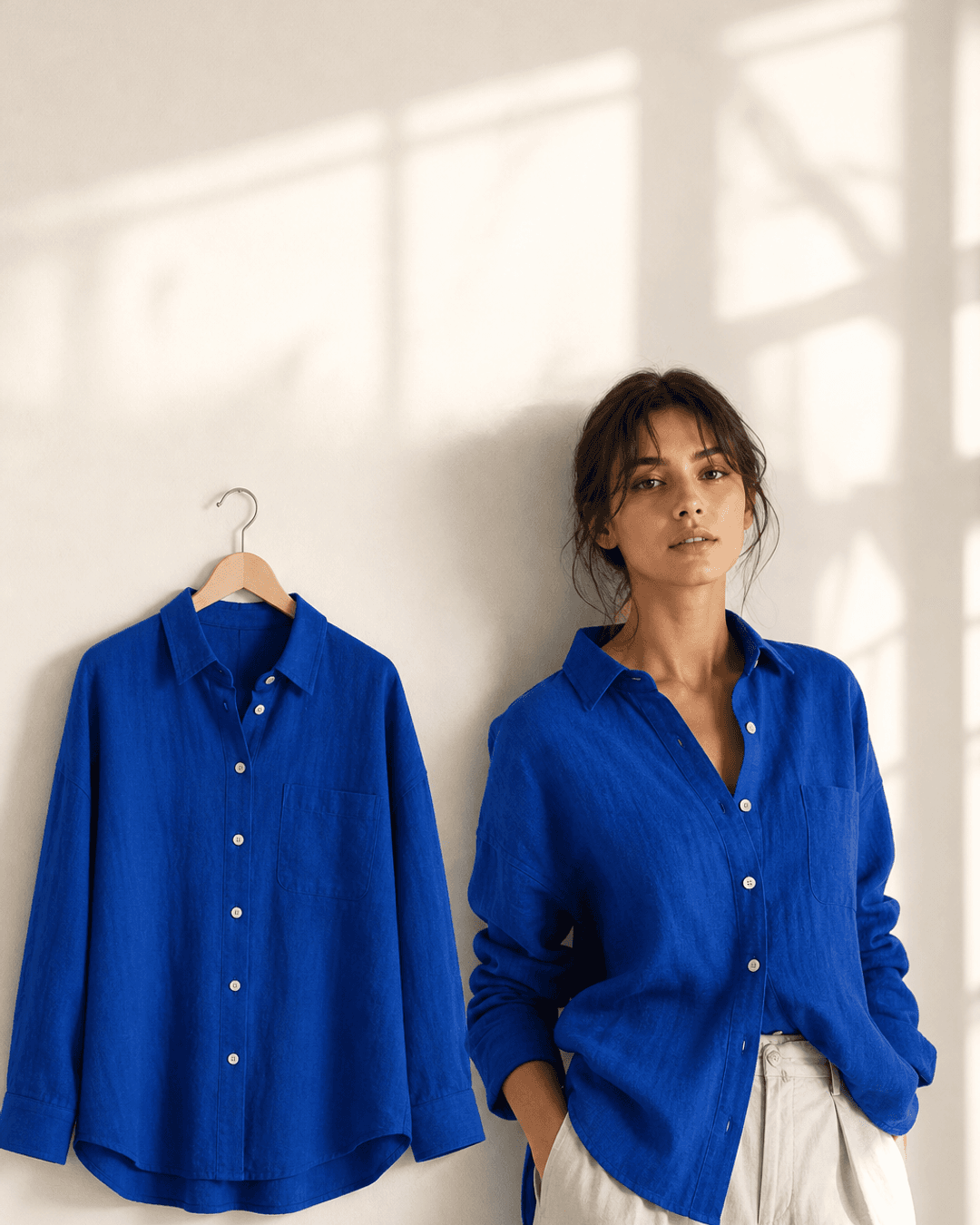 Prenda y modelo: camisa azul con luz de ventana